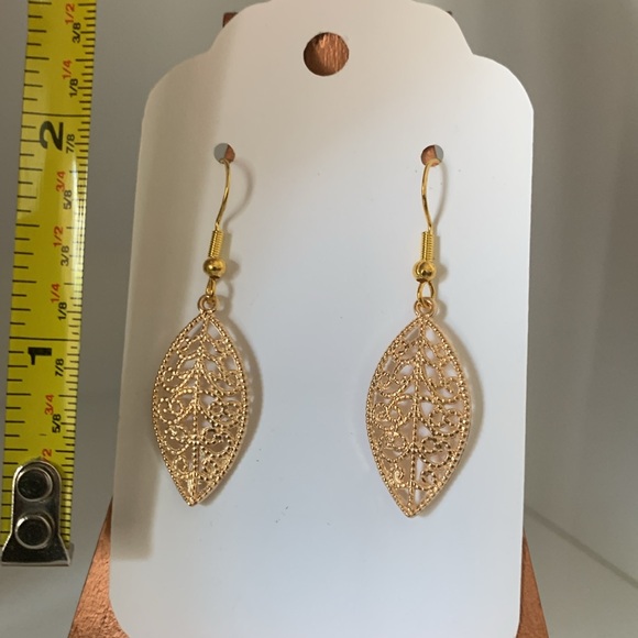Gold Dangle Fall Leaf Earrings - Picture 3 of 8